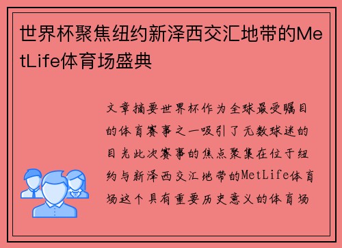 世界杯聚焦纽约新泽西交汇地带的MetLife体育场盛典 世界杯聚焦纽约新泽西交汇地带的MetLife体育场盛典