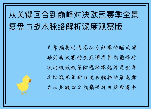 从关键回合到巅峰对决欧冠赛季全景复盘与战术脉络解析深度观察版